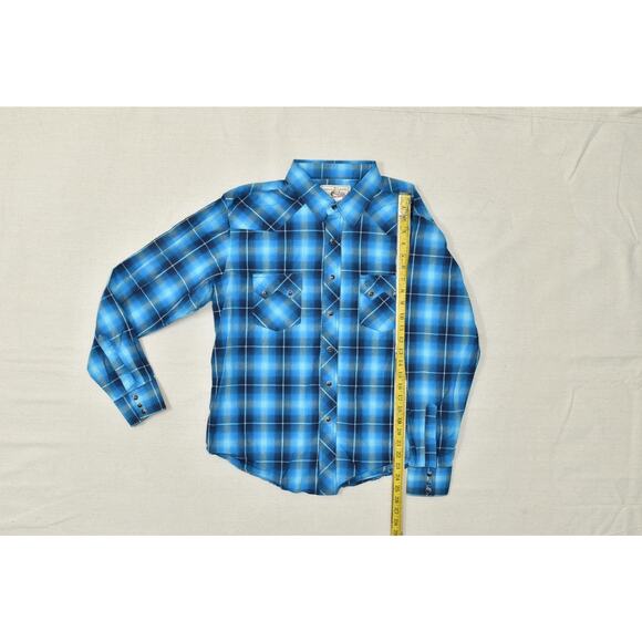 Women's Wrangler Button Tops Size L Long Sleeve Western Plaid Blue Pearl Snap - Picture 4 of 8